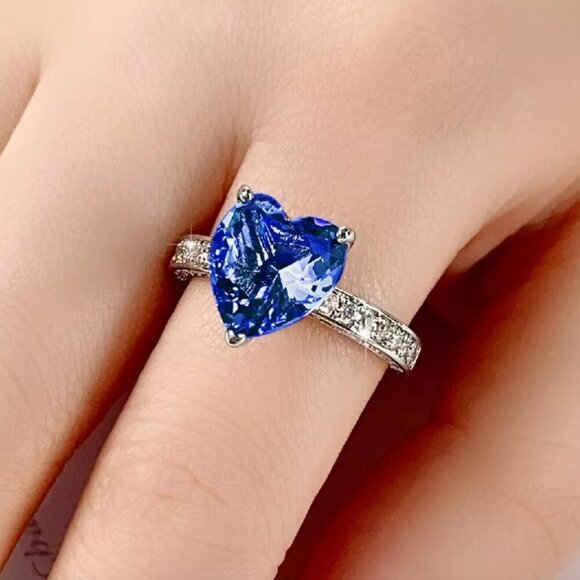 925 Sterling Silver Sapphire Diamond Heart Ring - Picture 2 of 4